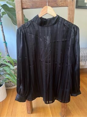 Ann Taylor Black Sheer Striped High-Neck Blouse